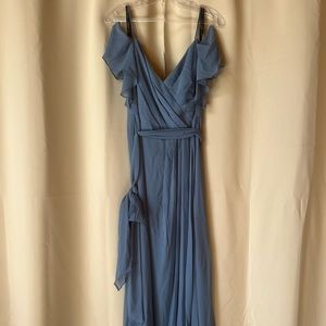 Blue draped sleeve strap bridesmaid dress